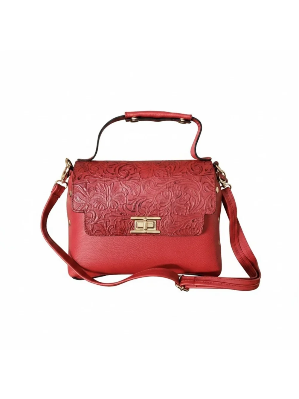 Red Floral Studded Embossed Artisan LEATHER Purse Handbag Crossbody Bag